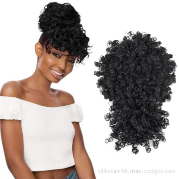 Cheap Afro Puff Hair Pieces For Women Short Kinky Curly Chignon With Bangs Drawstring Ponytail Synthetic Hair Bun Extensions